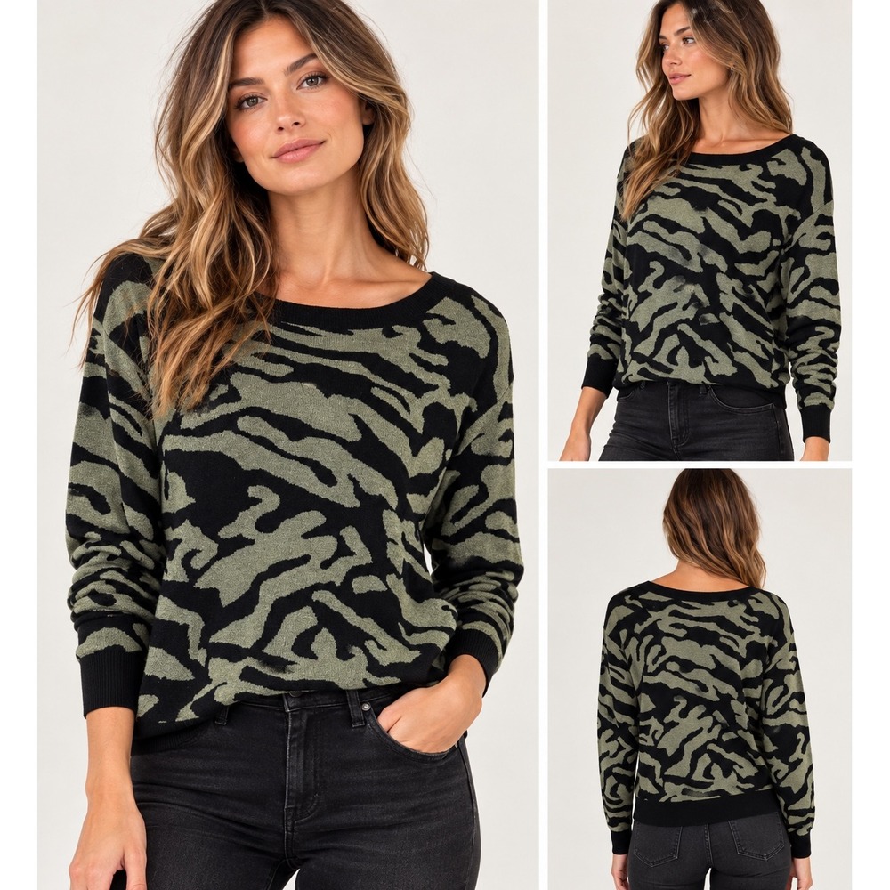 Brochu Walker Animal Print cashmere Sweater S Green Black Quiet Luxuy Old Money